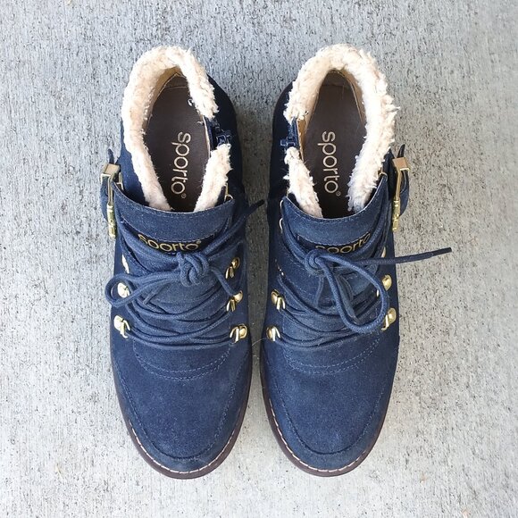 Spoto Dark Blue Navy Lace Up Zip Suede Leather Ankle Booties Boots Like New - Picture 3 of 6